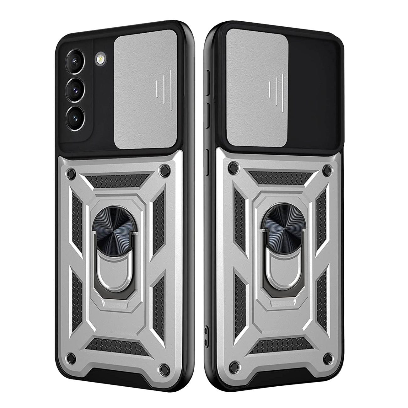 Kickstand Ring Holder with Slide Camera Cover TPU Shockproof Case and Magnetic Car Mount for SAMSUNG GALAXY S21 FE In Silver